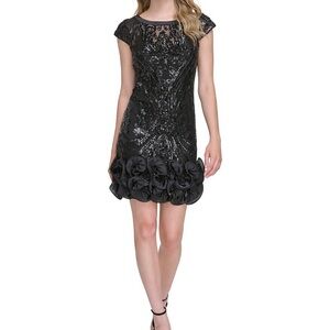 LBD Sequined Boat neckline shift dress with ruffle hem